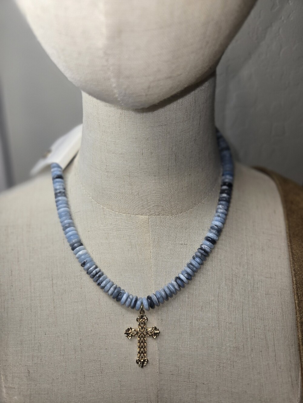 Altar'd State Blue Beaded Necklace with Gold Cross